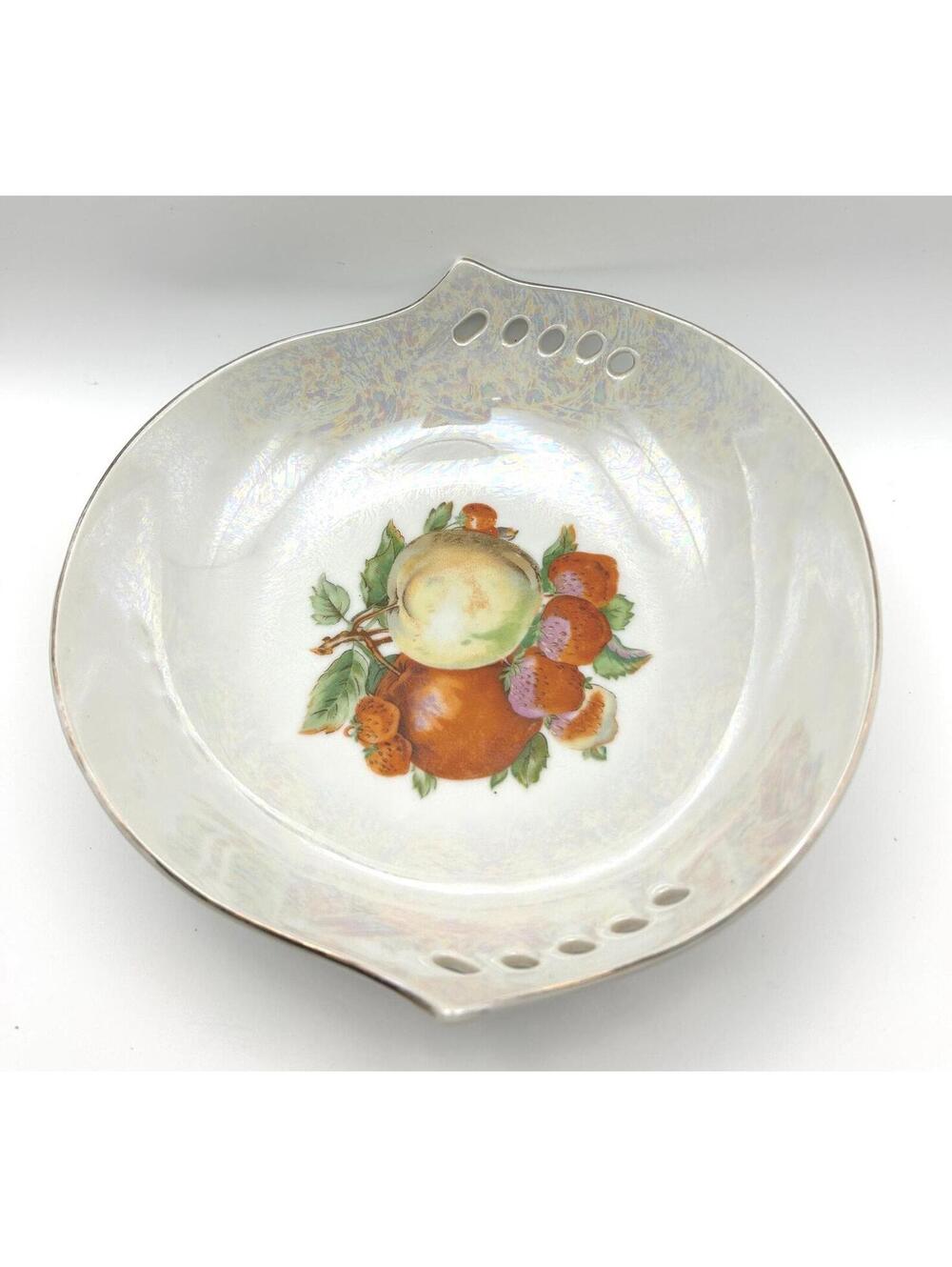Vintage Japanese Iridescent Lusterware Bowl with Fruit Design in Center